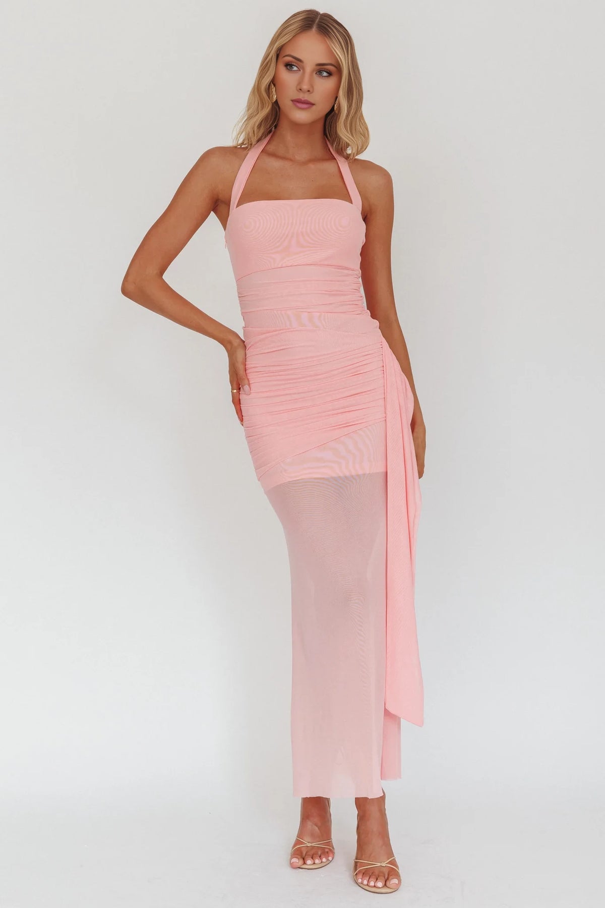 Blushing Pink Halter Ruched Chiffon Ankle-Length Dress