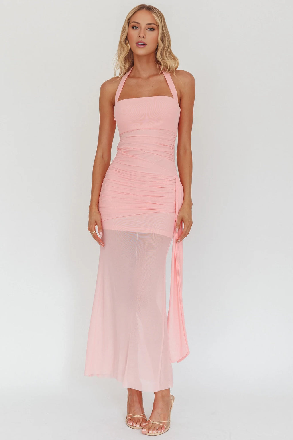 Blushing Pink Halter Ruched Chiffon Ankle-Length Dress