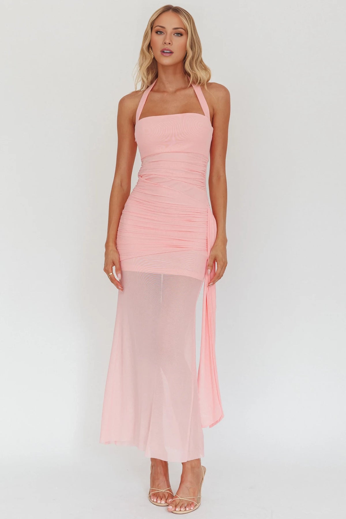 Blushing Pink Halter Ruched Chiffon Ankle-Length Dress