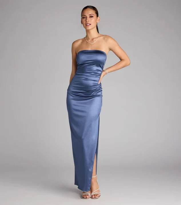 Fashion Sheath Off the Shoulder Neck Sleeveless Strapless Ruched Slit Satin Floor-Length Evening Dress