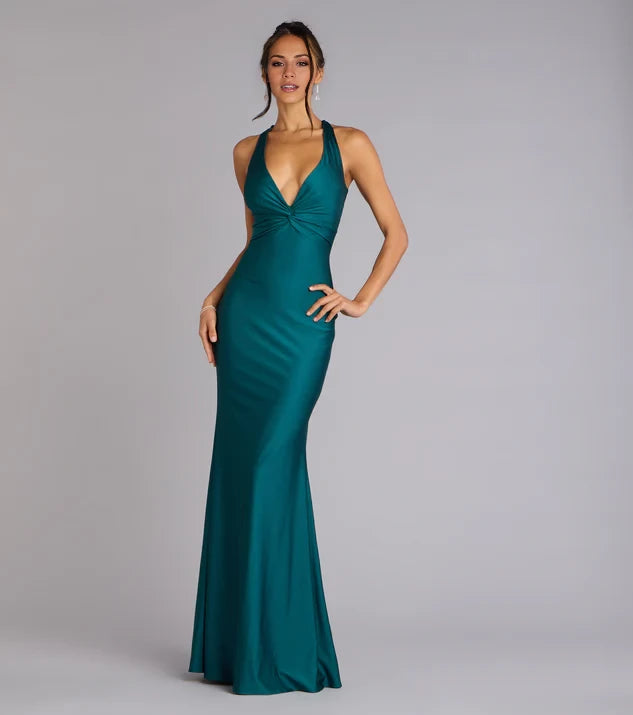 Fashion Sheath Teal Deep V-Neck Halter Tie-Back Mermaid Satin Floor-Length Evening Dress