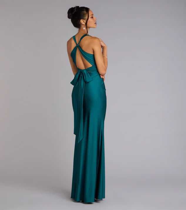 Fashion Sheath Teal Deep V-Neck Halter Tie-Back Mermaid Satin Floor-Length Evening Dress