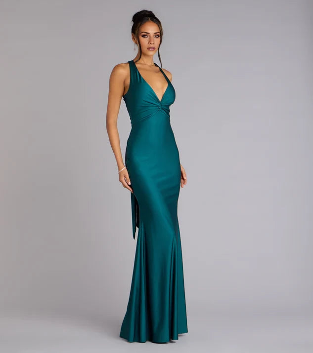 Fashion Sheath Teal Deep V-Neck Halter Tie-Back Mermaid Satin Floor-Length Evening Dress