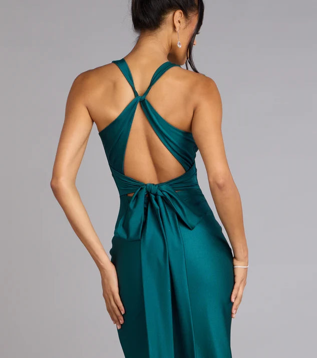 Fashion Sheath Teal Deep V-Neck Halter Tie-Back Mermaid Satin Floor-Length Evening Dress