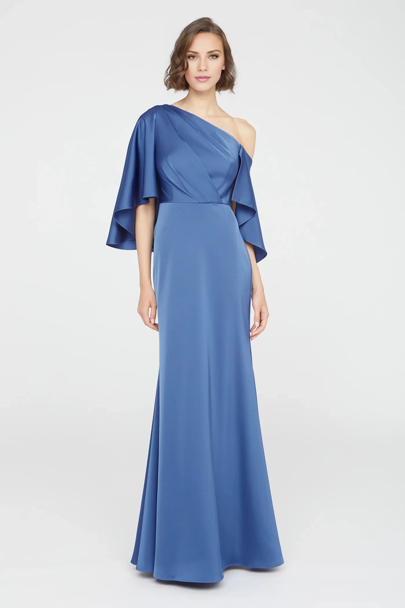 Fashion Slate Blue One-Shoulder Neck Cape-Sleeve Satin Mermaid Floor-Length Evening Dress