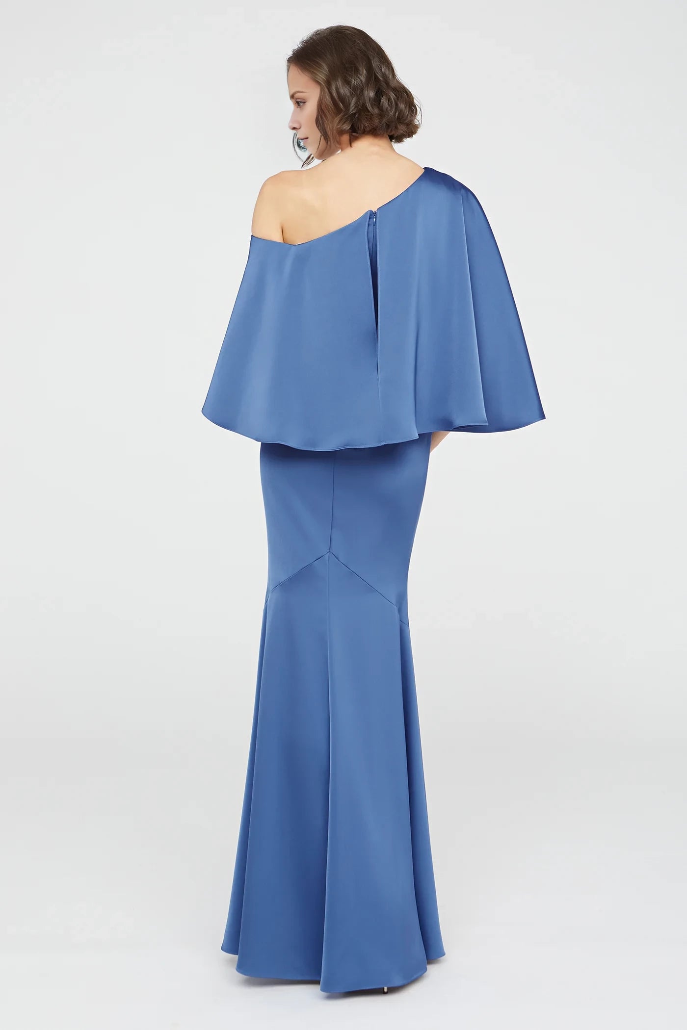 Fashion Slate Blue One-Shoulder Neck Cape-Sleeve Satin Mermaid Floor-Length Evening Dress