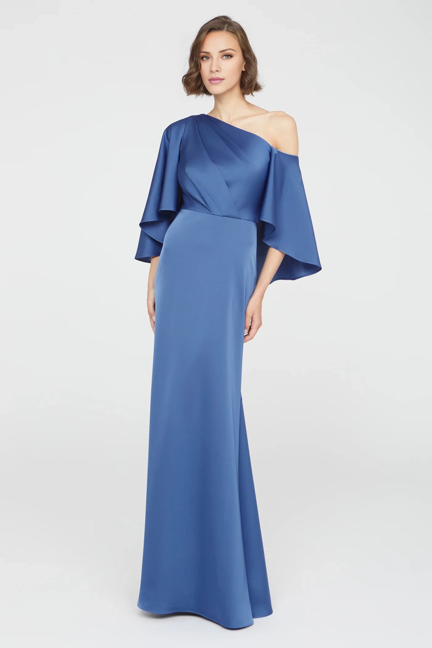 Fashion Slate Blue One-Shoulder Neck Cape-Sleeve Satin Mermaid Floor-Length Evening Dress