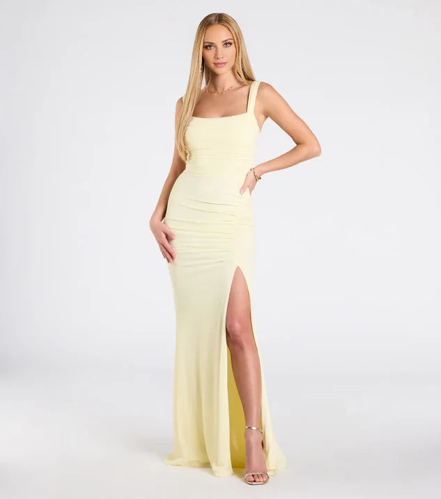 Fashion Square Neck Sleeveless Wide Strap Open Back Ruched Slit Mermaid Floor-Length Evening Dress