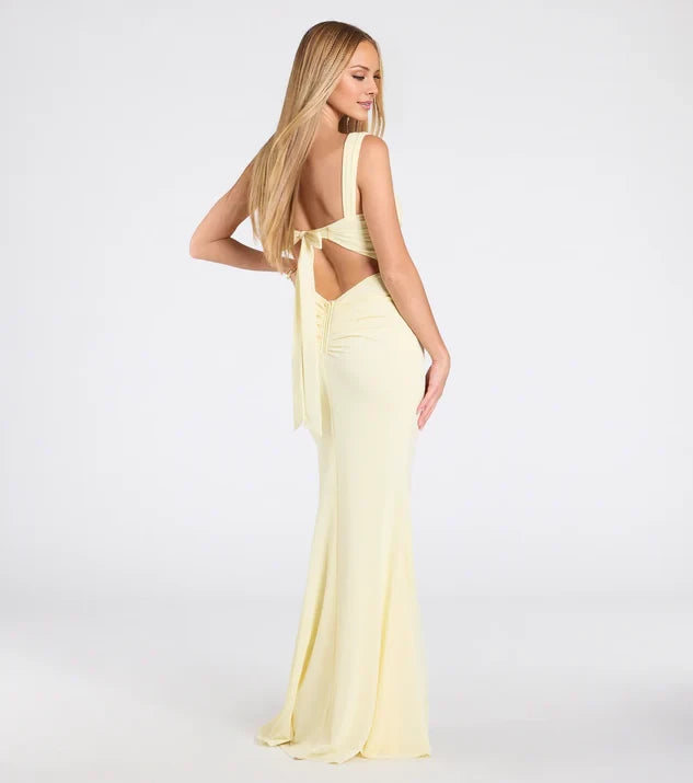 Fashion Square Neck Sleeveless Wide Strap Open Back Ruched Slit Mermaid Floor-Length Evening Dress