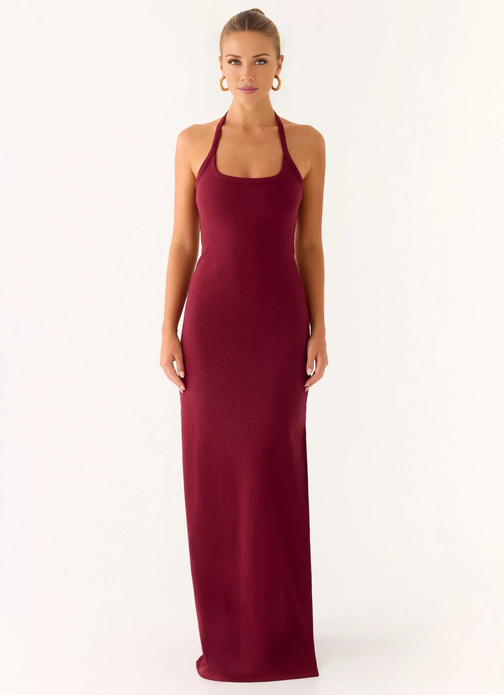Burgundy Stretch Knit Sheath/column Floor-Length Halter Neckline Dress