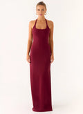 Burgundy Stretch Knit Sheath/column Floor-Length Halter Neckline Dress