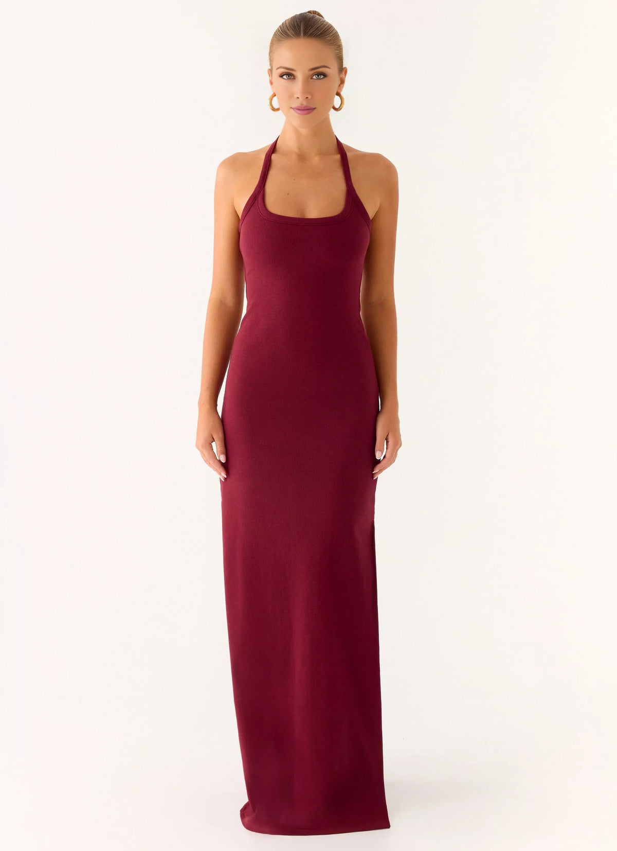 Burgundy Stretch Knit Sheath/column Floor-Length Halter Neckline Dress