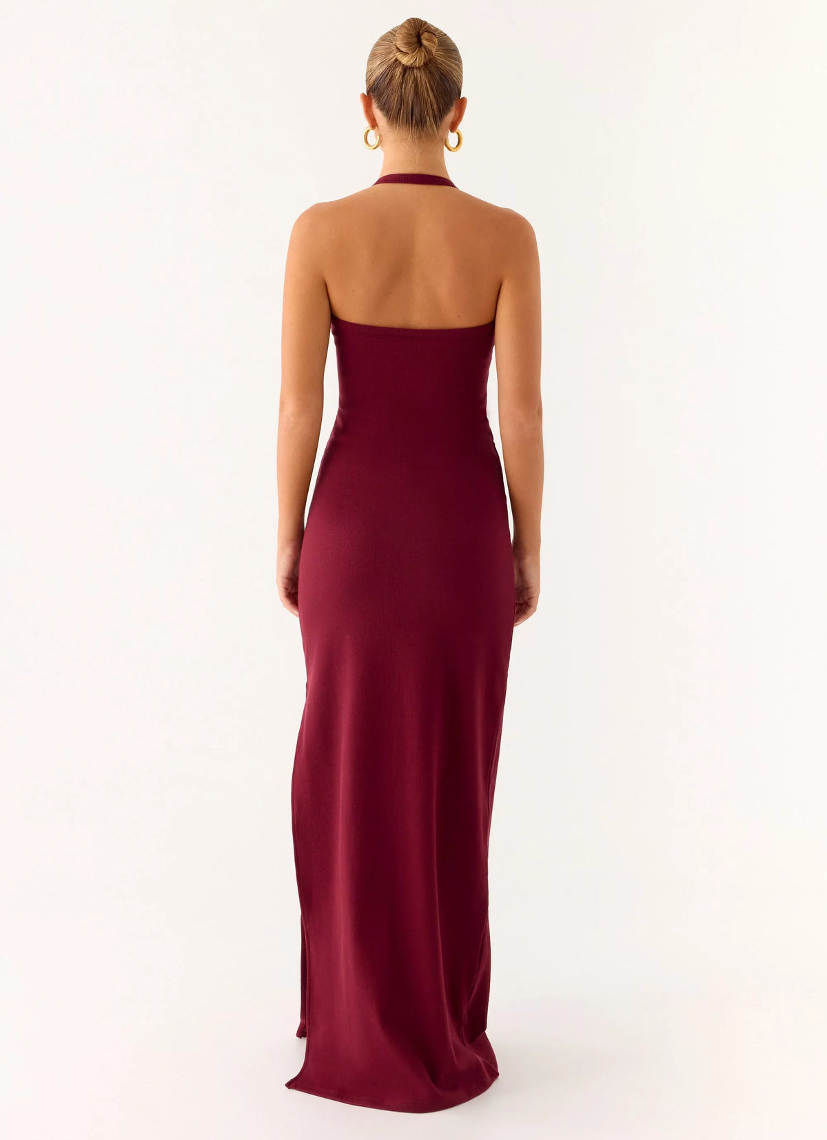 Burgundy Stretch Knit Sheath/column Floor-Length Halter Neckline Dress