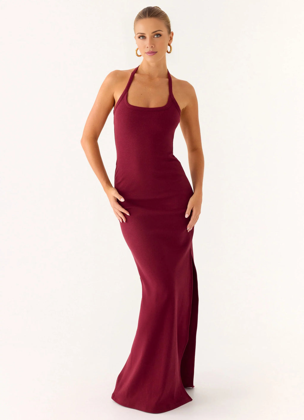 Burgundy Stretch Knit Sheath/column Floor-Length Halter Neckline Dress