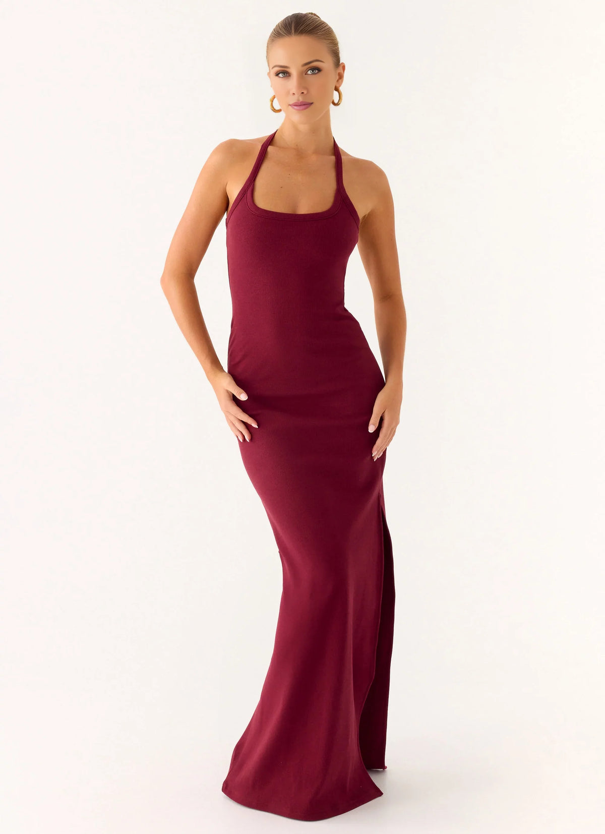 Burgundy Stretch Knit Sheath/column Floor-Length Halter Neckline Dress