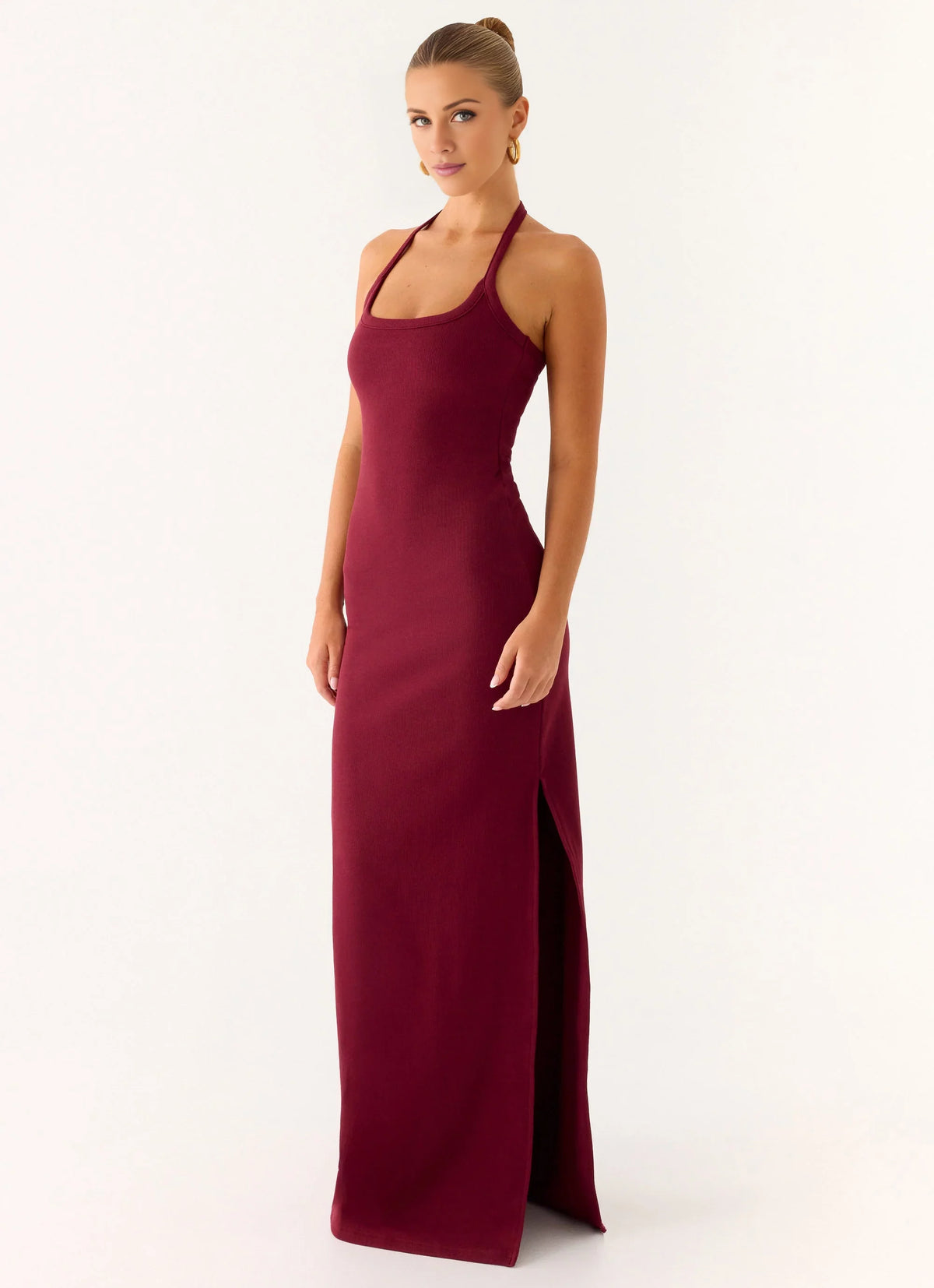 Burgundy Stretch Knit Sheath/column Floor-Length Halter Neckline Dress