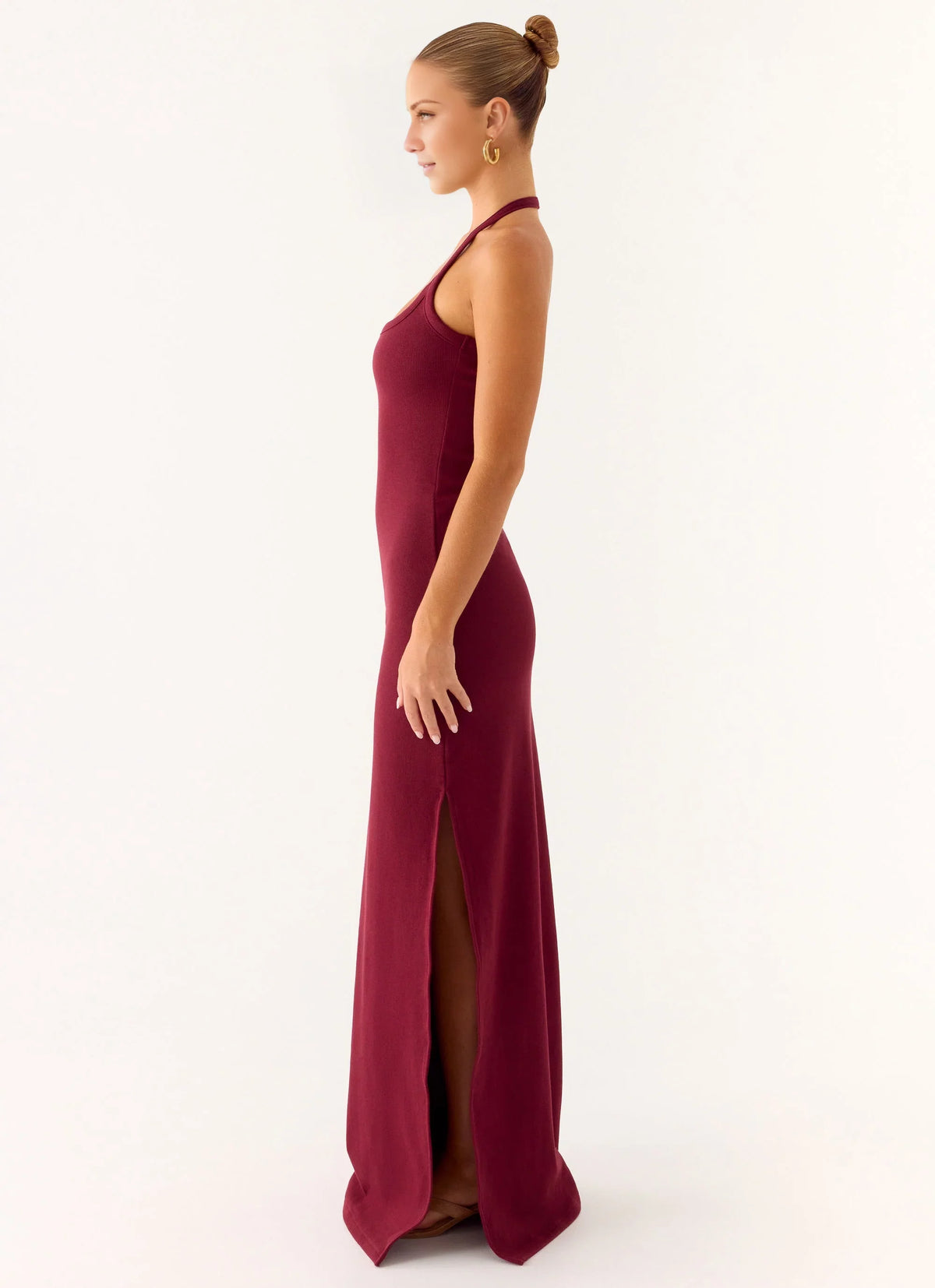 Burgundy Stretch Knit Sheath/column Floor-Length Halter Neckline Dress