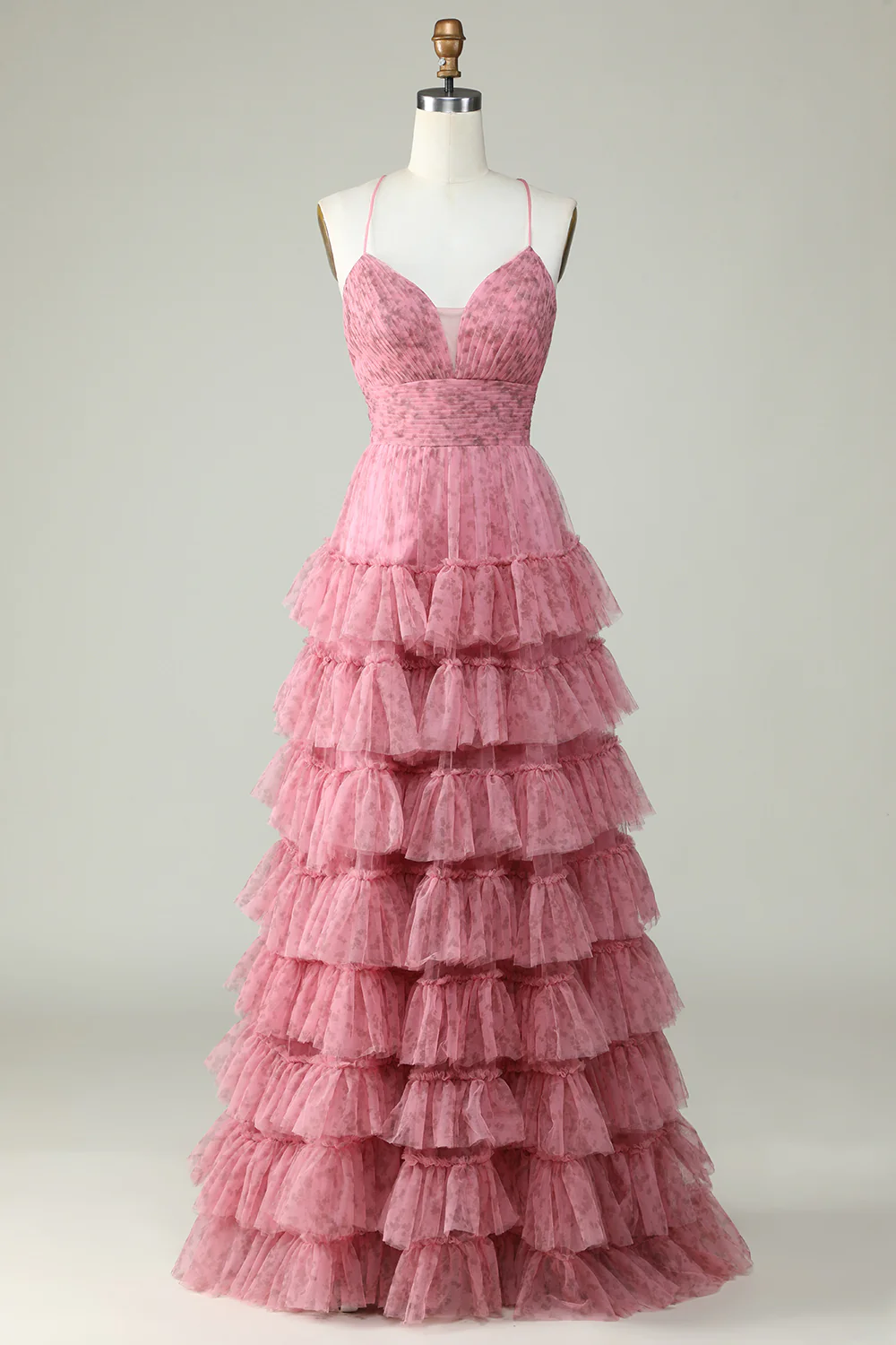 Feminine Tiered Ruffle Tulle Prom Dress with Lace-Up Back and Floral Print