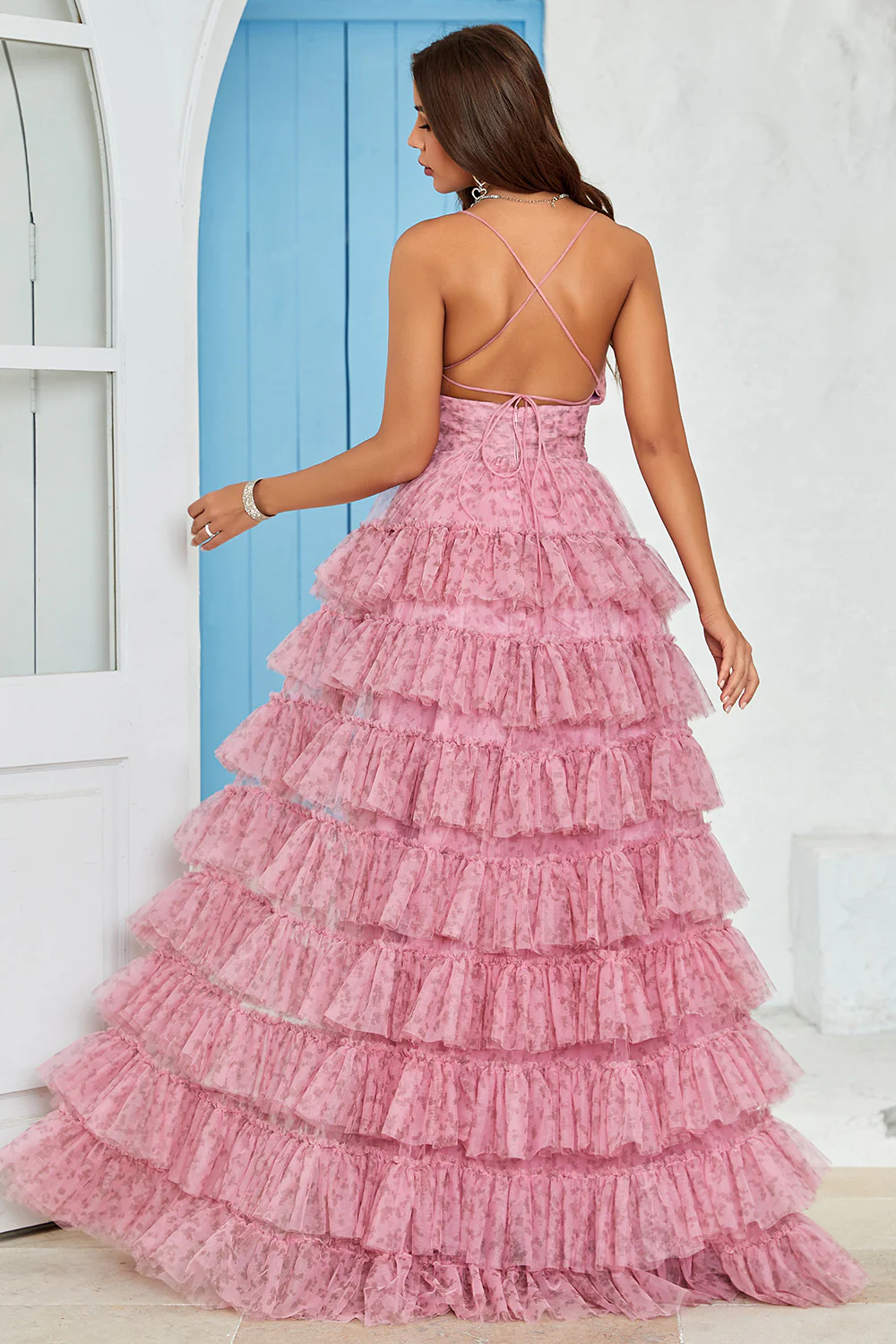 Feminine Tiered Ruffle Tulle Prom Dress with Lace-Up Back and Floral Print