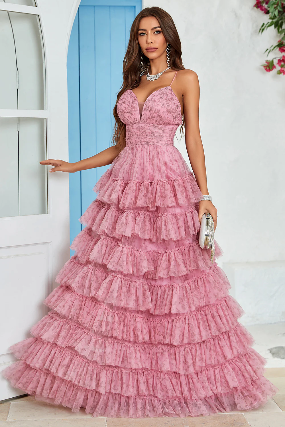 Feminine Tiered Ruffle Tulle Prom Dress with Lace-Up Back and Floral Print