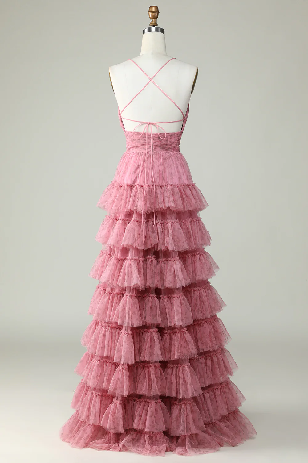 Feminine Tiered Ruffle Tulle Prom Dress with Lace-Up Back and Floral Print