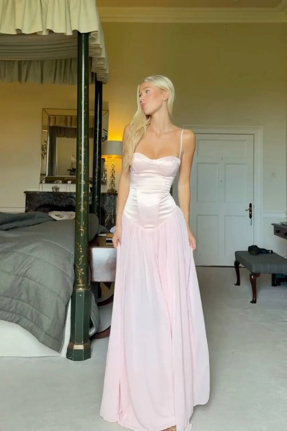 Feminine satin chiffon spaghetti strap sweetheart neck open back floor length prom dress with lace up back detail and flowy skirt