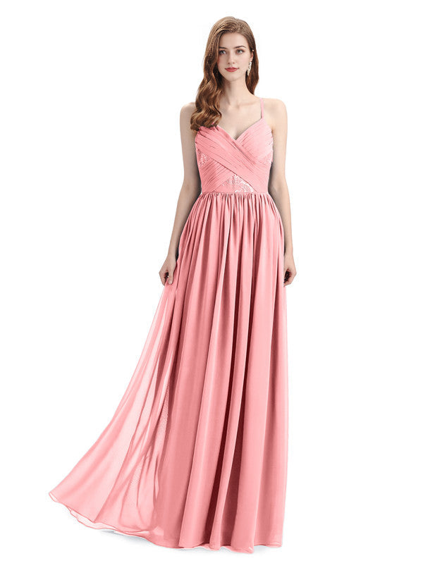 Elegantes vestidos de dama de honor de gasa con tirantes finos, corte A, escote en V y largo hasta el suelo