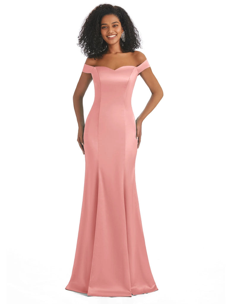 Vestidos de dama de honor largos, sencillos, de satén suave, sin mangas y con hombros descubiertos, de corte sirena