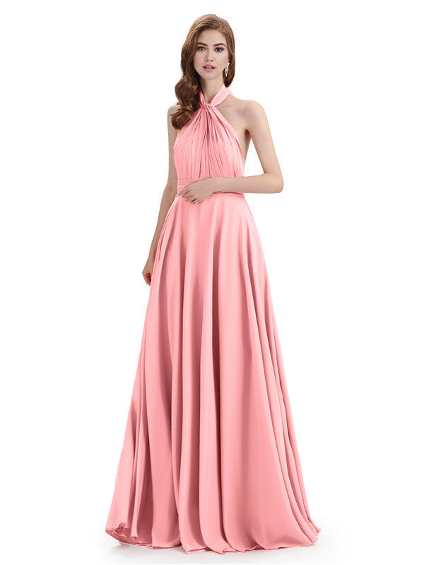 Simple A-Line High Neck Halter Sleeveless Pleats Chiffon Floor Length Bridesmaid Dresses
