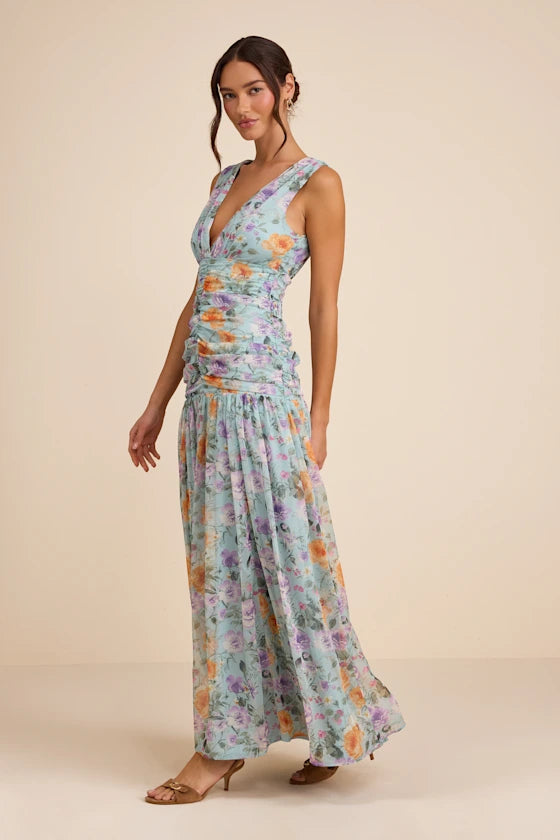 Flirty Floral Print Chiffon Maxi V-Neck Sleeveless Ruched Detail Drop Waist Formal Evening Prom Dresses