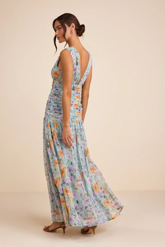Flirty Floral Print Chiffon Maxi V-Neck Sleeveless Ruched Detail Drop Waist Formal Evening Prom Dresses