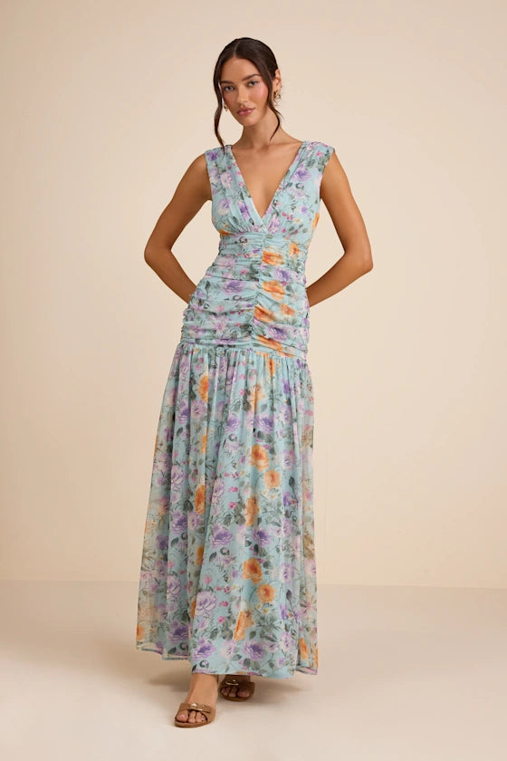 Flirty Floral Print Chiffon Maxi V-Neck Sleeveless Ruched Detail Drop Waist Formal Evening Prom Dresses