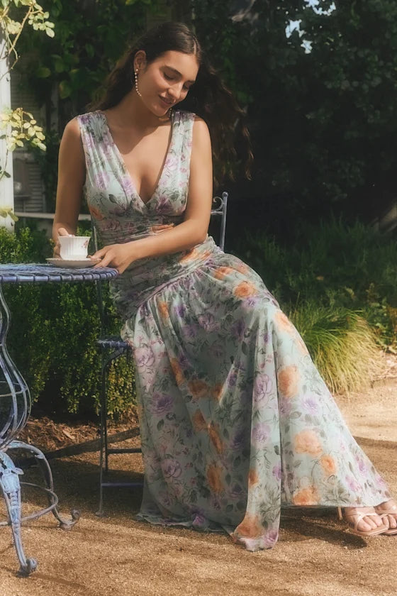 Flirty Floral Print Chiffon Maxi V-Neck Sleeveless Ruched Detail Drop Waist Formal Evening Prom Dresses