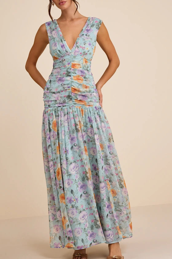 Flirty Floral Print Chiffon Maxi V-Neck Sleeveless Ruched Detail Drop Waist Formal Evening Prom Dresses