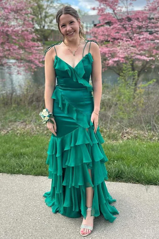 Flirty Mermaid V-Neck Spaghetti Straps Closed Back Floor Length Evening Dresses
