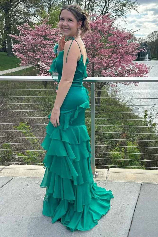 Flirty Mermaid V-Neck Spaghetti Straps Closed Back Floor Length Evening Dresses
