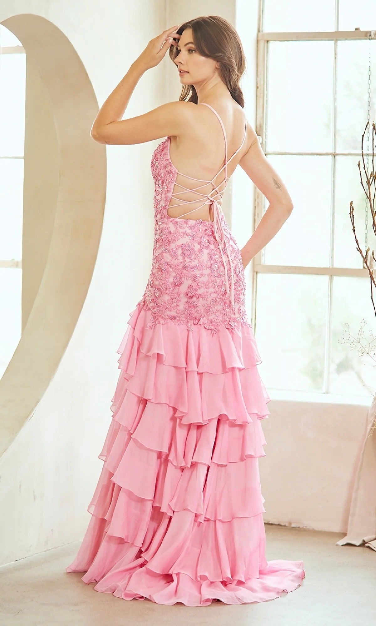 Floral Beaded Mermaid Ruffle Chiffon Gown with Slit