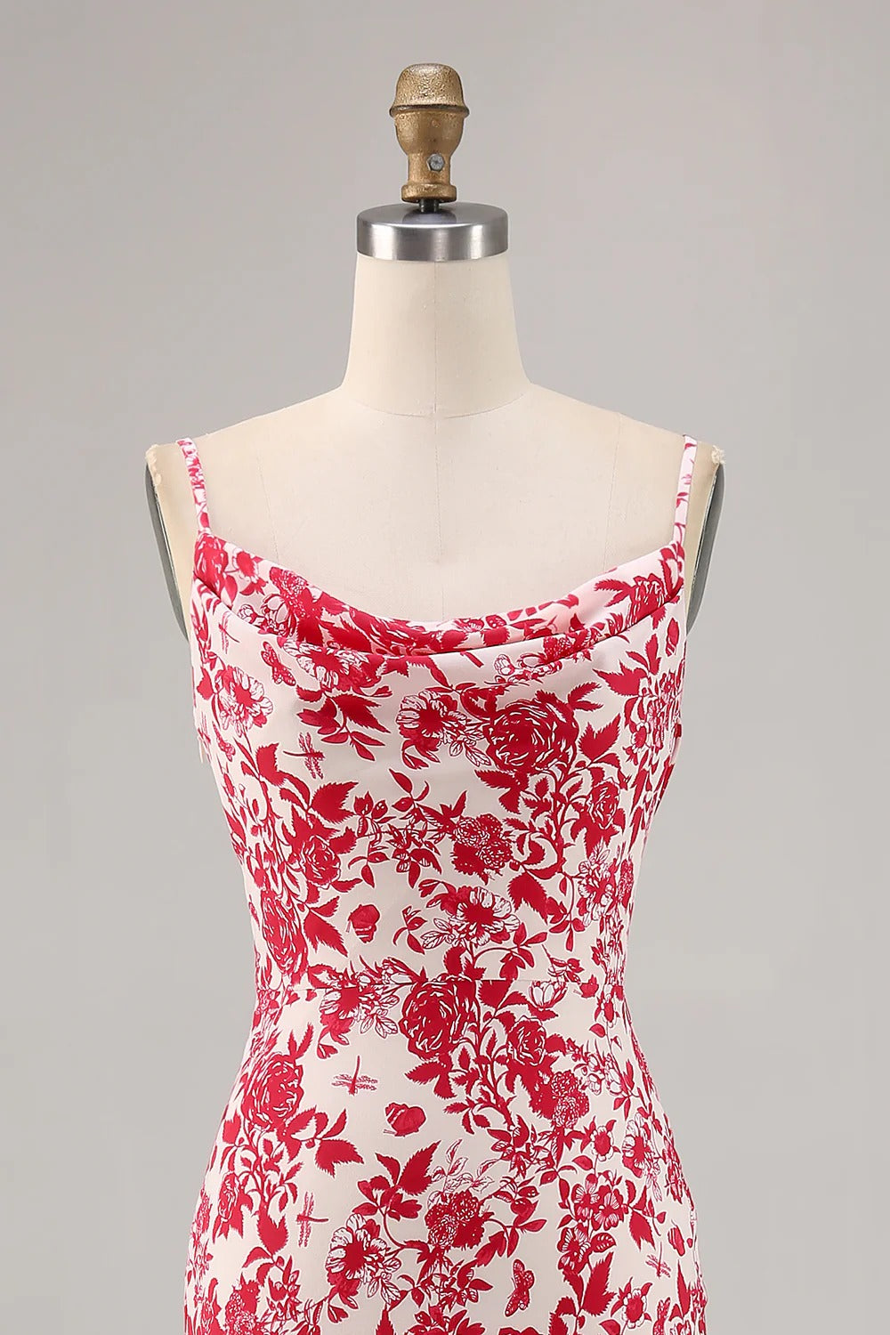 Floral Cowl-Neck Satin Maxi Dress with High Slit