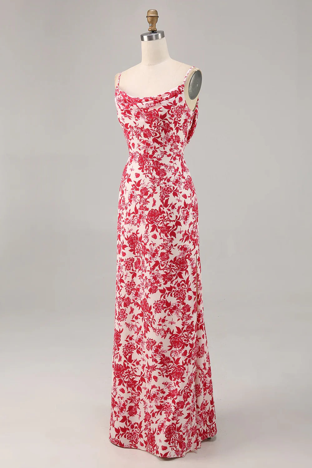 Floral Cowl-Neck Satin Maxi Dress with High Slit