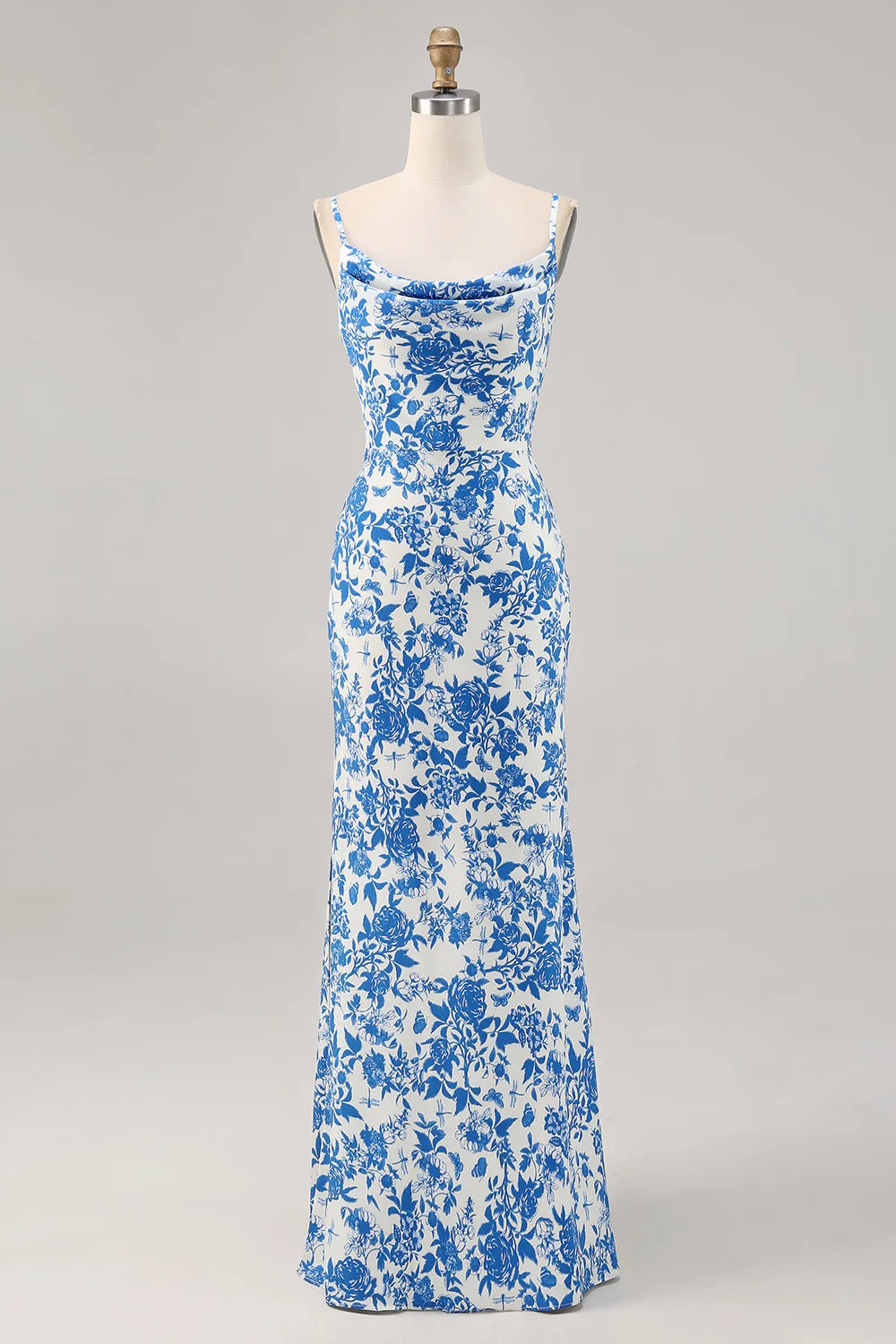 Floral Cowl-Neck Satin Maxi Dress with High Slit