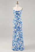 Blue Satin Sheath/column Floor-Length Bridesmaid Dress with Cowl Neck and Floral Print