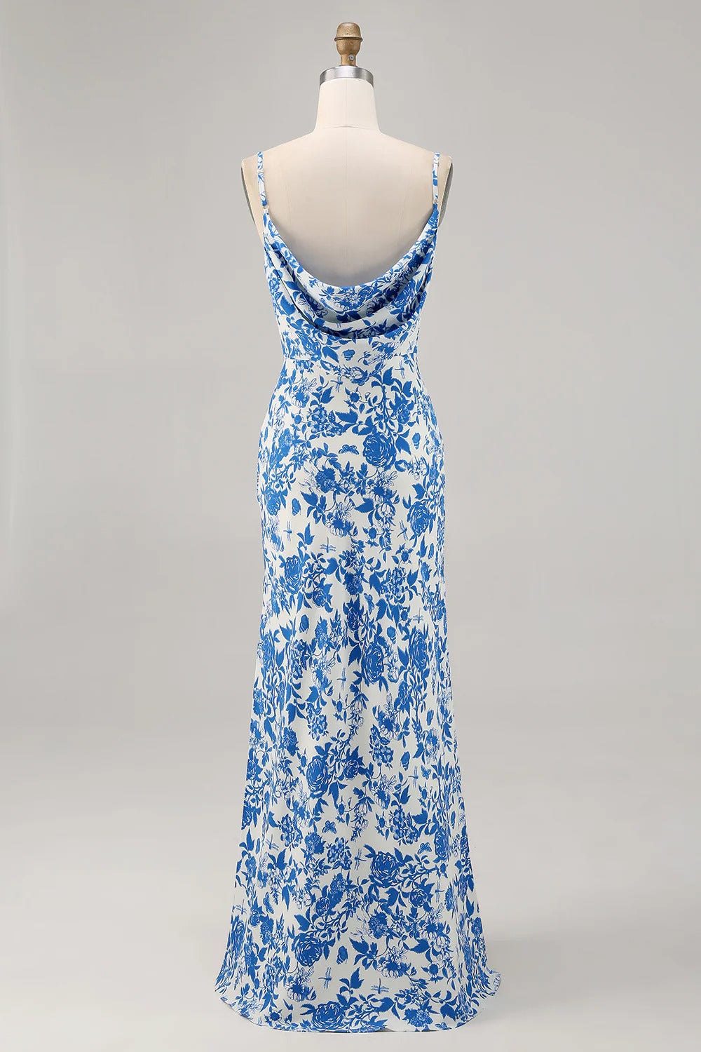 Floral Cowl-Neck Satin Maxi Dress with High Slit