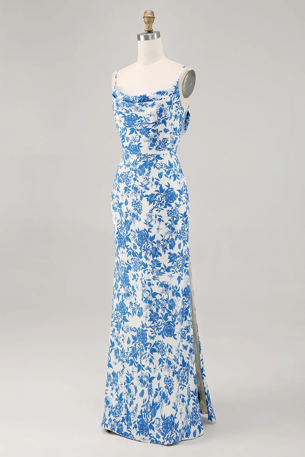 Floral Cowl-Neck Satin Maxi Dress with High Slit