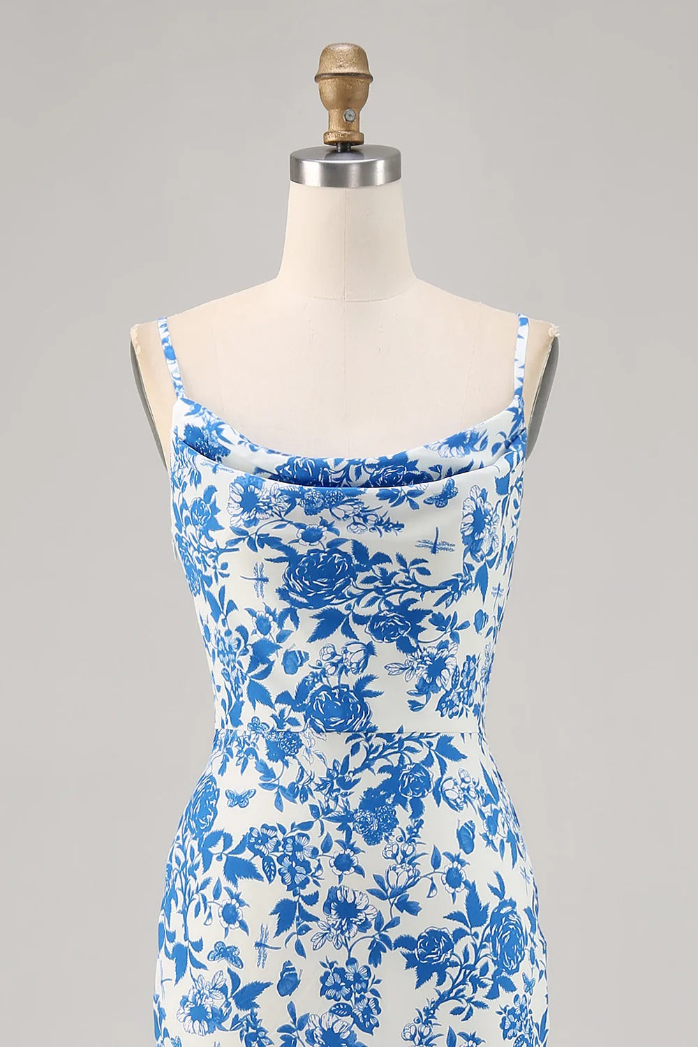 Floral Cowl-Neck Satin Maxi Dress with High Slit