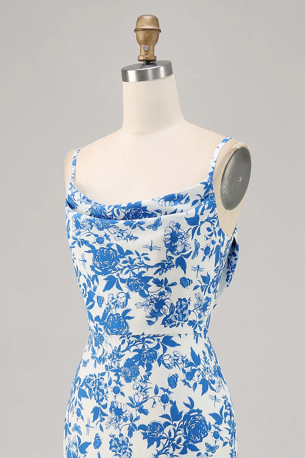 Floral Cowl-Neck Satin Maxi Dress with High Slit