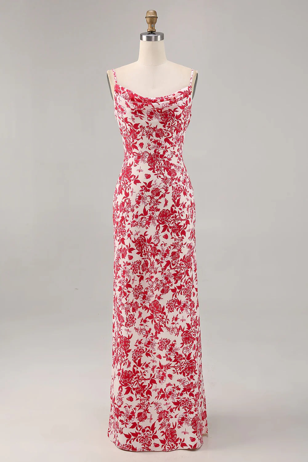 Floral Cowl-Neck Satin Maxi Dress with High Slit