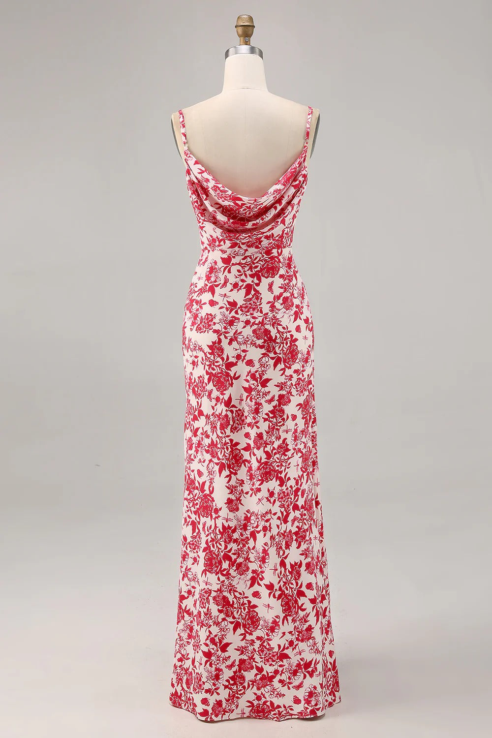 Floral Cowl-Neck Satin Maxi Dress with High Slit