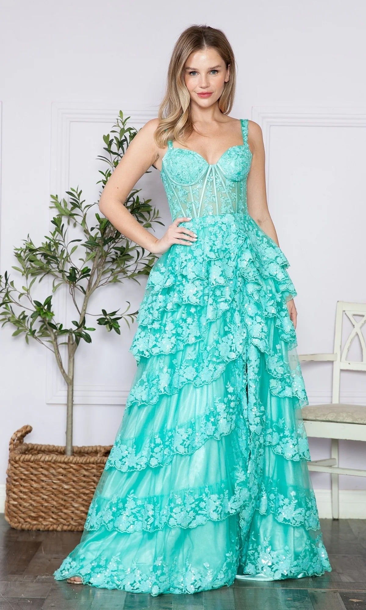 Sky Blue Tulle A-Line Floor-Length Prom & Evening Dress - Sequin, Ruffles & High Slit