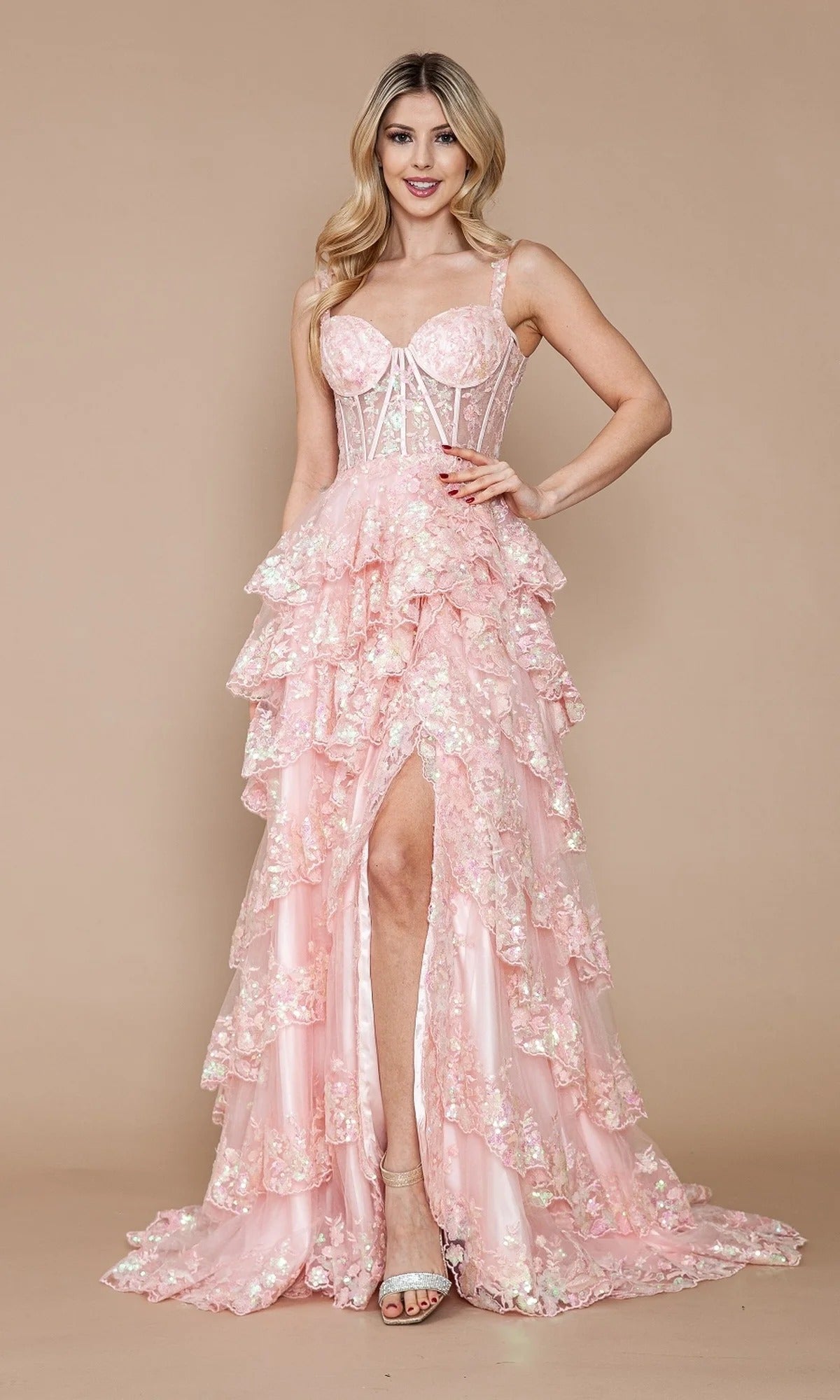 Floral Lace Tiered Tulle Gown with Corset Bodice and Slit