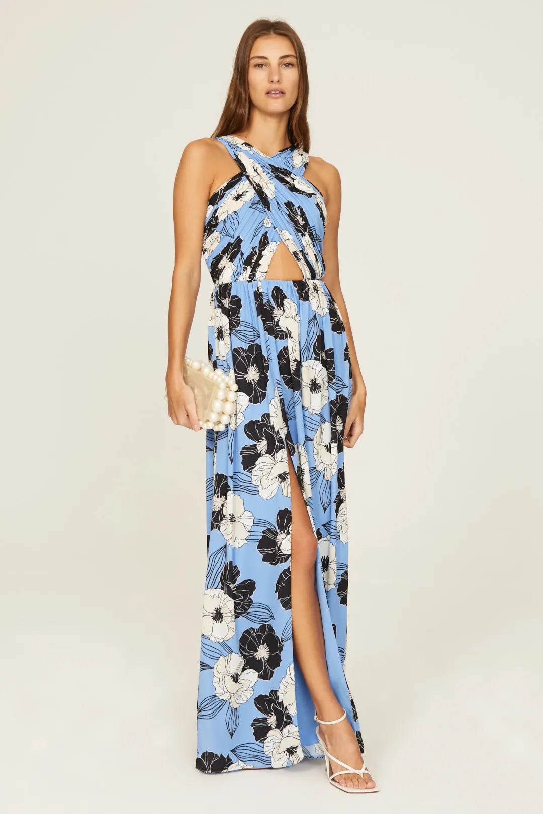 Floral Print A-Line Halter Neck Sleeveless Cutout Front Slit Maxi Prom Dress